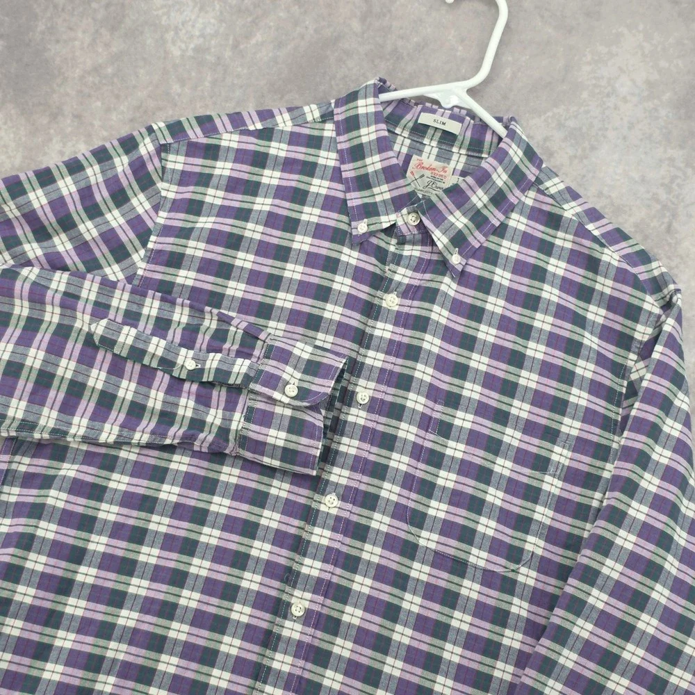 J.Crew Mens Large Slim Broken-In Oxford Plaid Purple Green Button Down Shirt